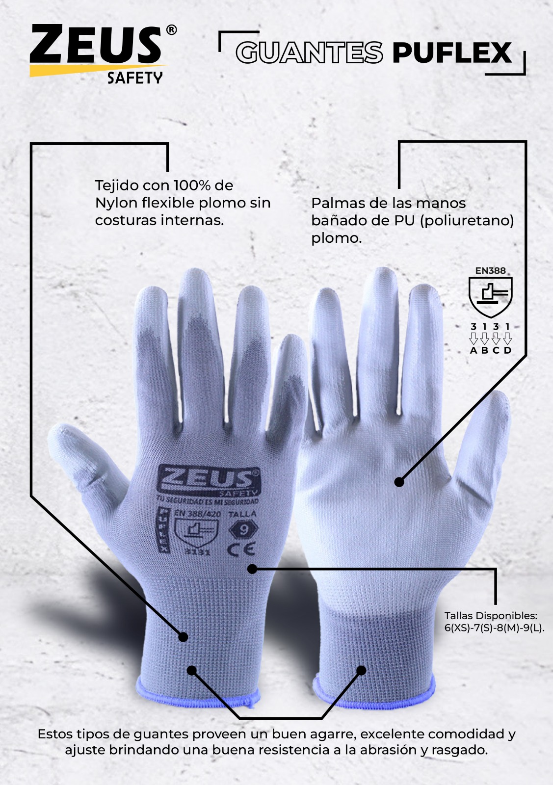 Guantes antiestatica Nylon y PU talla 9