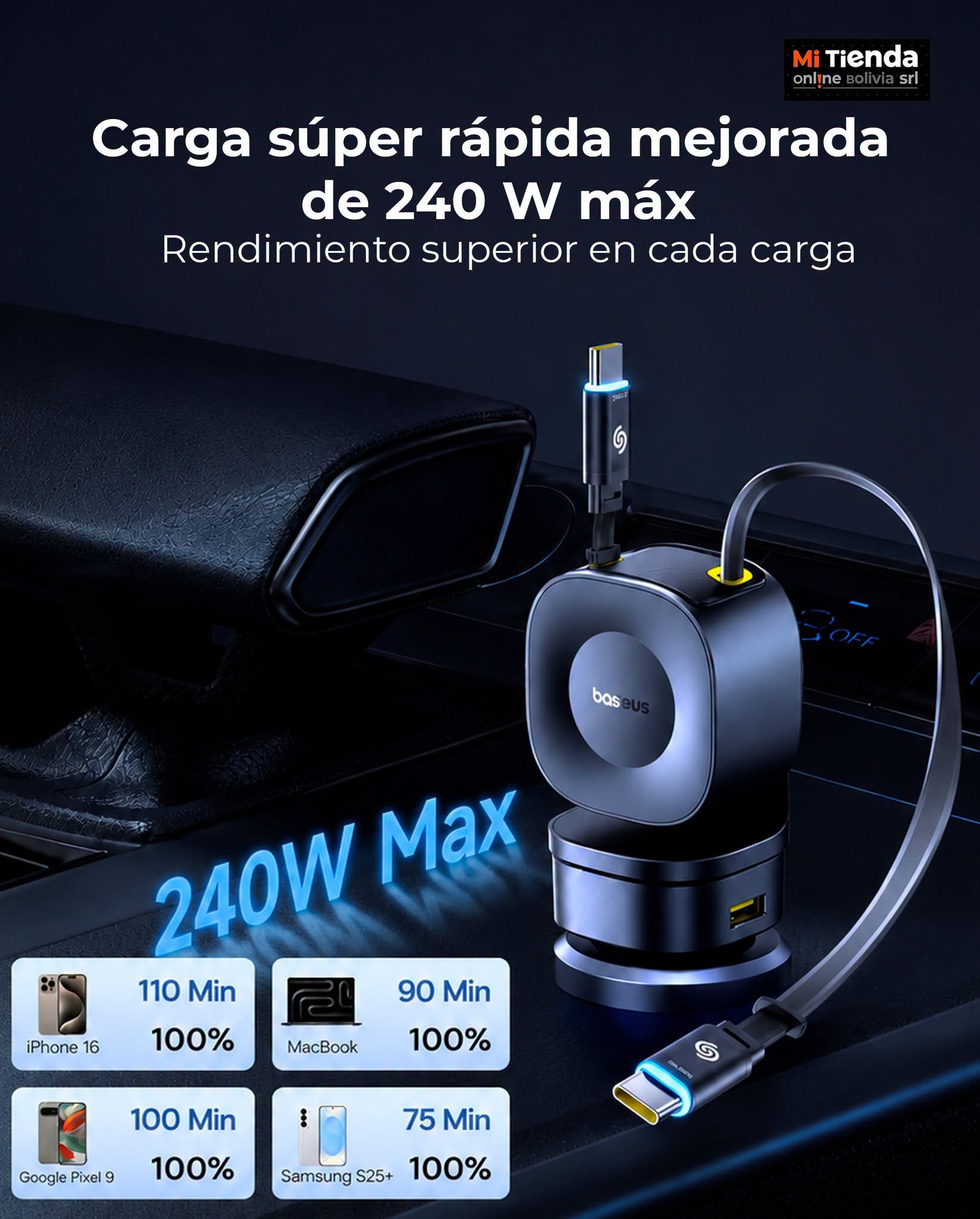 Cargador para coche 240W 2 cables retractiles tipo C